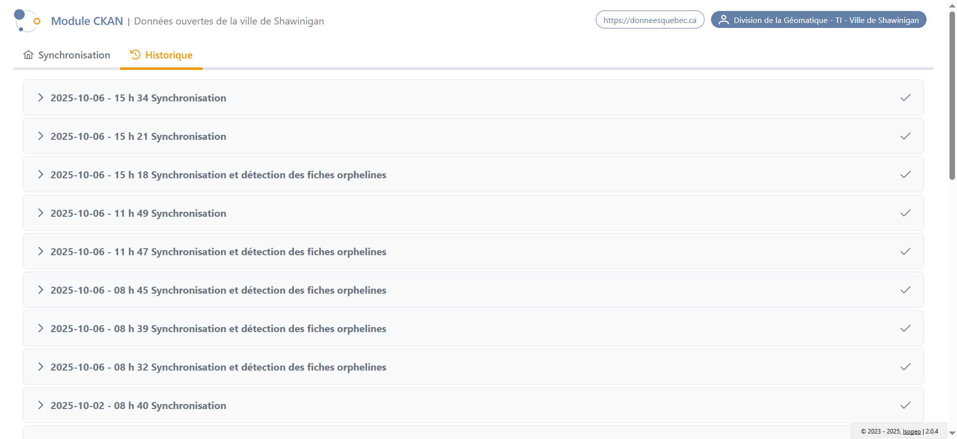 Page d'historique. Déplier une synchronisation pour avoir plus d'informations. 