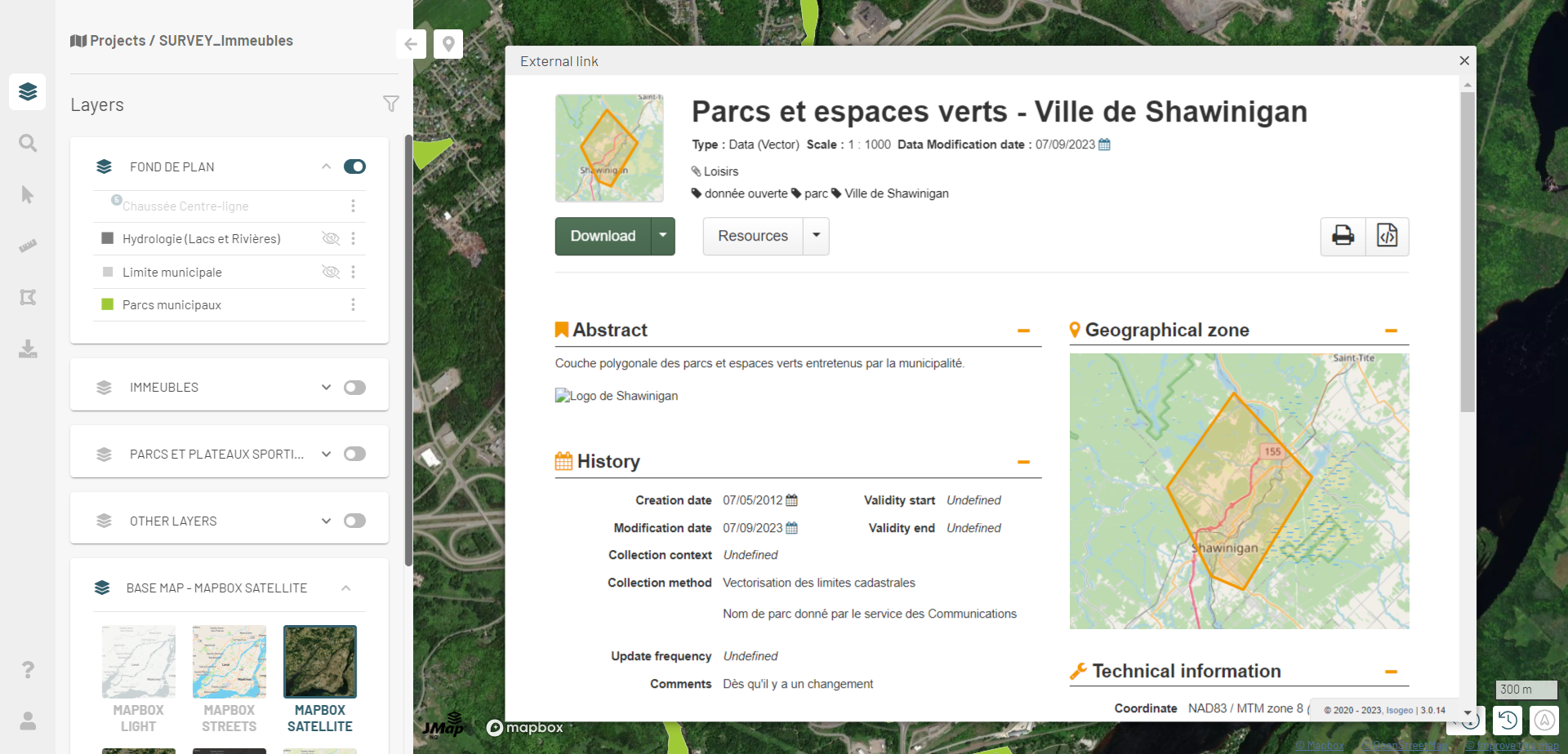 Visualisation d'une fiche de l'OpenCatalog dans JMap NG