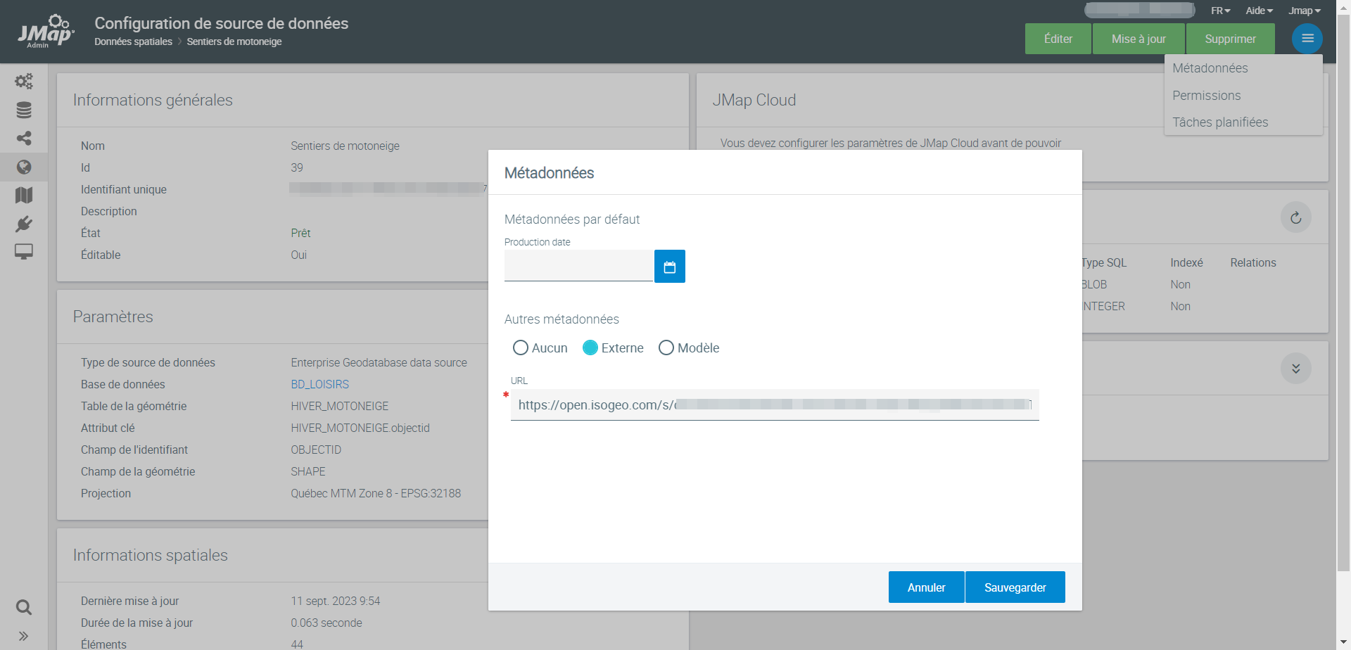 URL de métadonnées renseigné automatiquement par le connecteur JMap/Isogeo