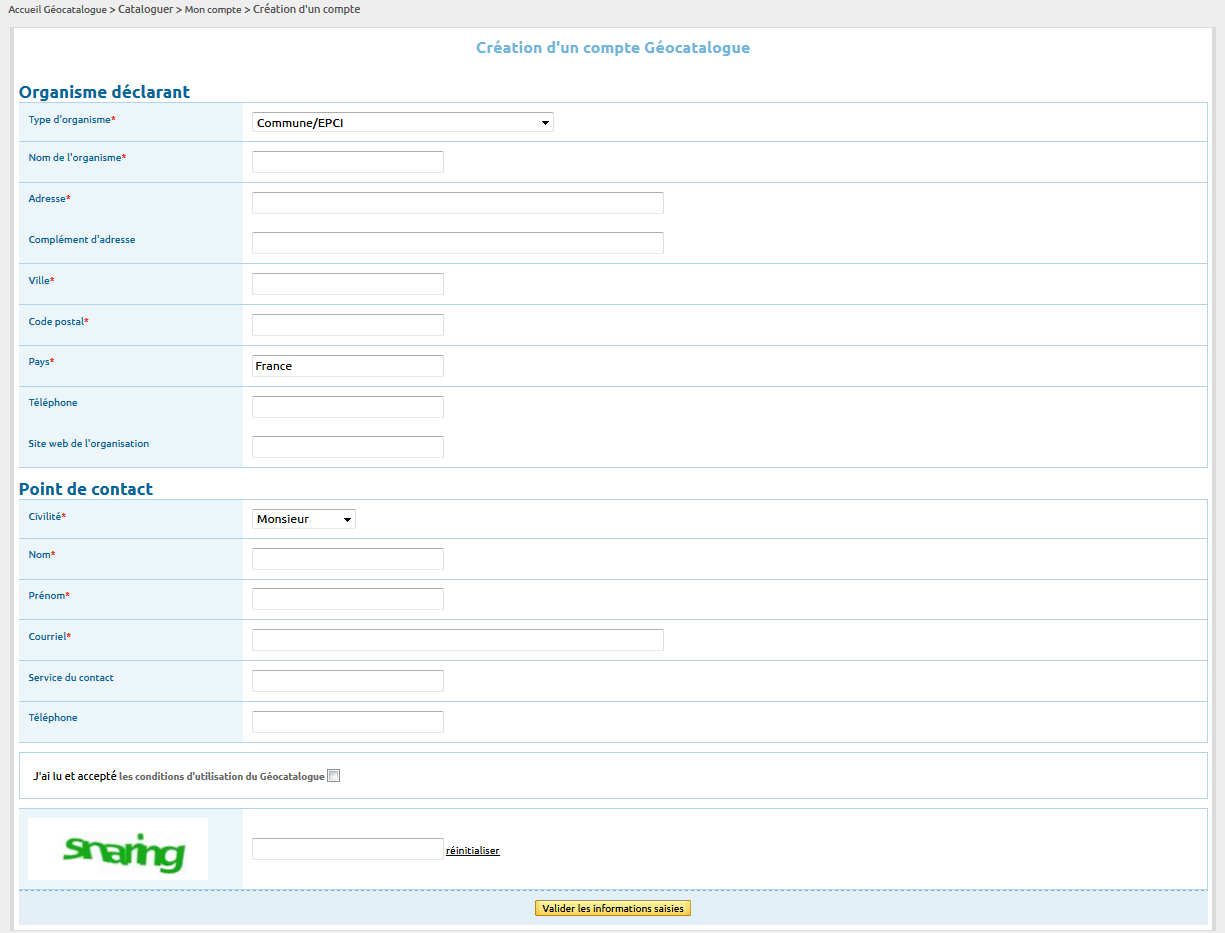 Création de compte sur le GéoCatalogue
