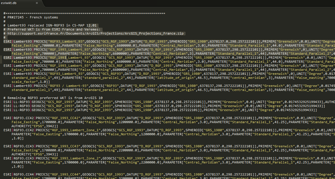 Modification du fichier esriwkt.db