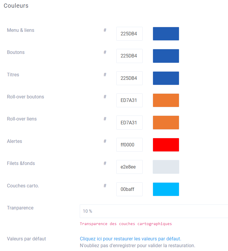 Gestion des couleurs des éléments du portail