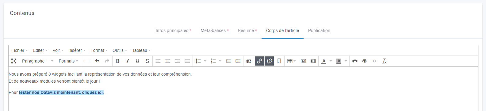 "Exemple de contenu dans le back-office"