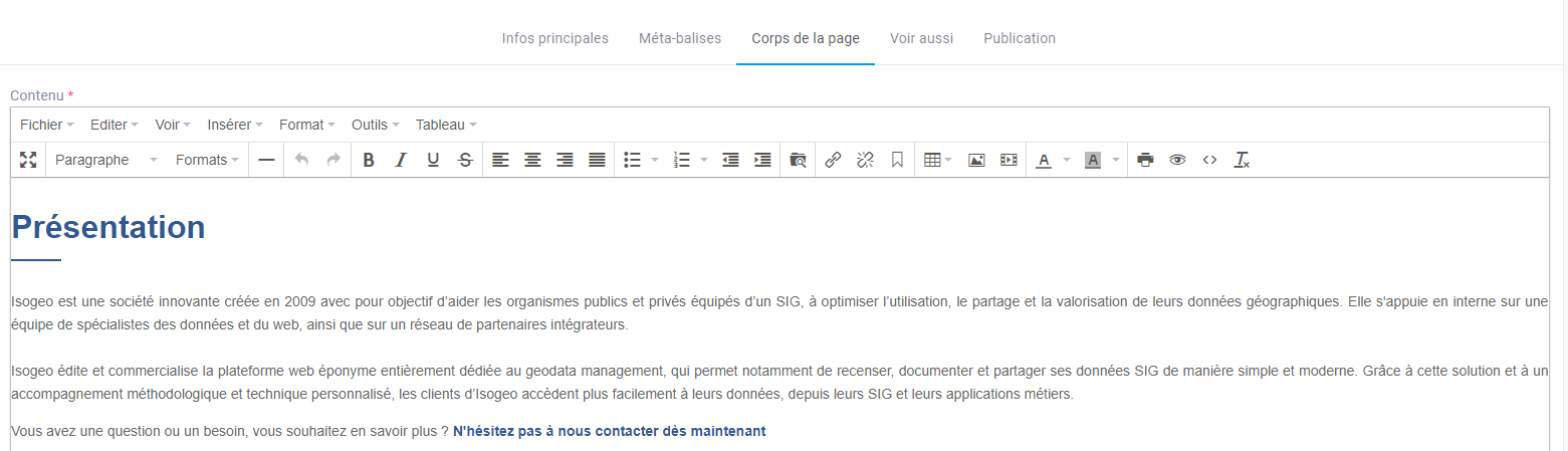 "Exemple de corps de la page dans le back-office"