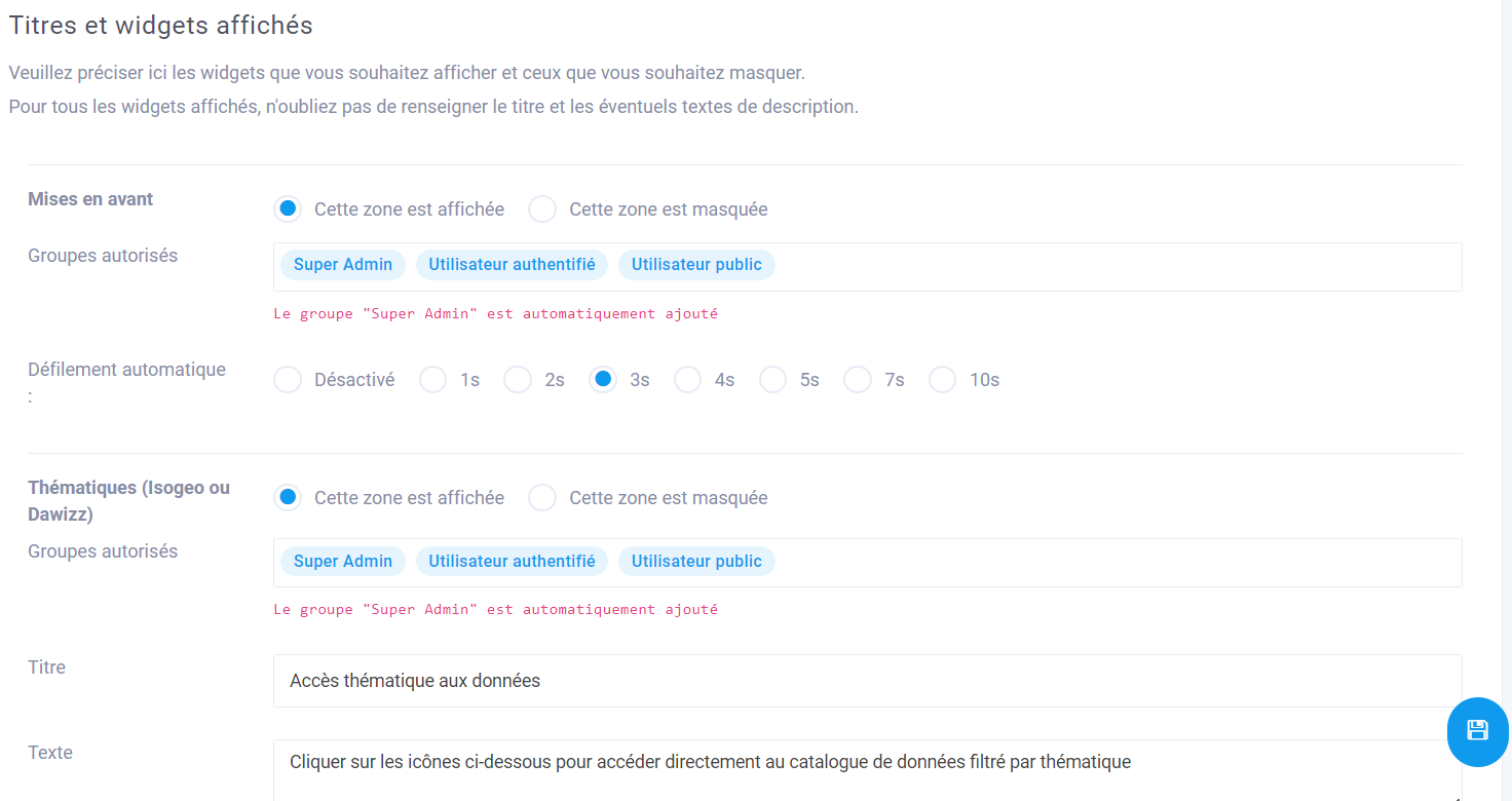 "Titres et affichage des widgets"