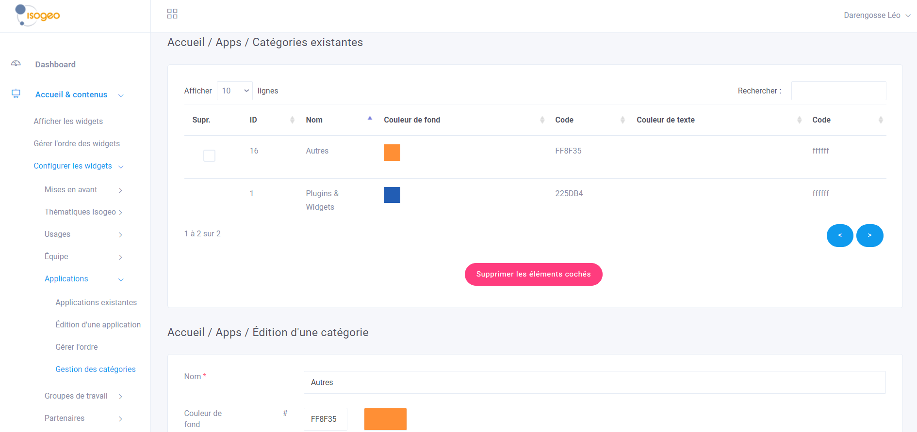 "Widget application - Gestion des catégories"