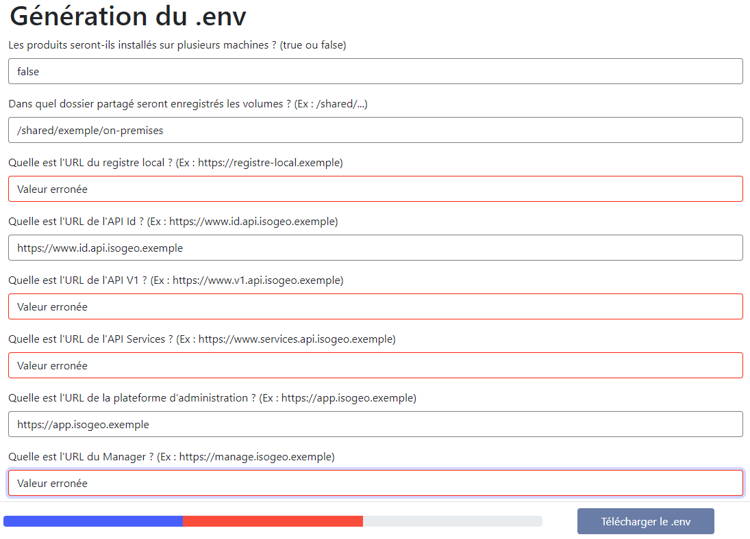 Barre de progression de la page de génération du .env