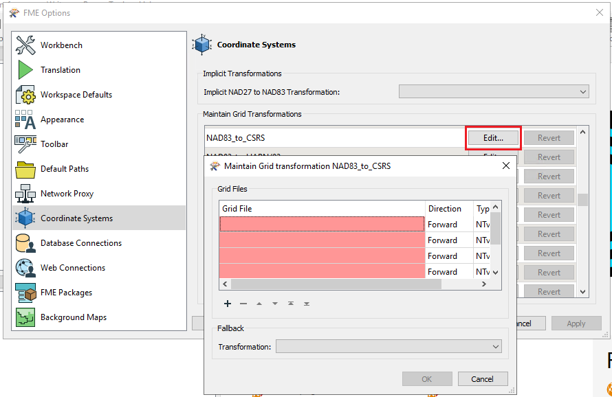 "Chargement du fichier NAD83_to_CSRS dans FME"