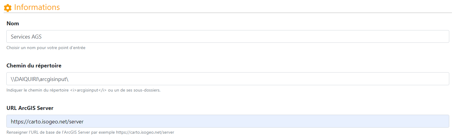 Renseigner les informations du point d'entrée ArcGIS Server