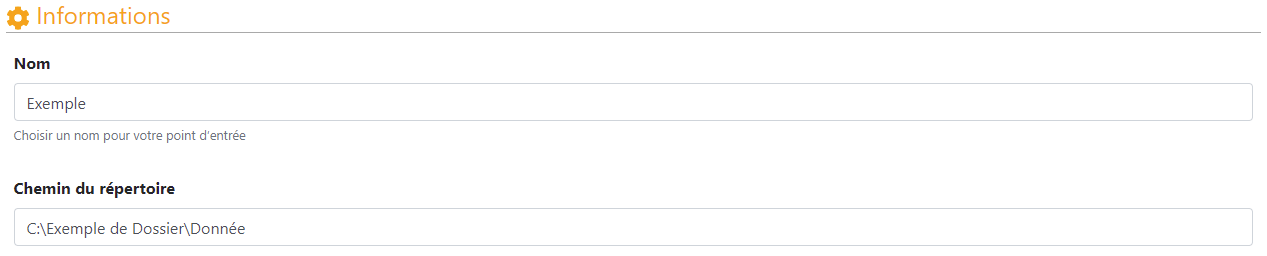 Renseigner le nom du point d'entrée et le chemin vers les données