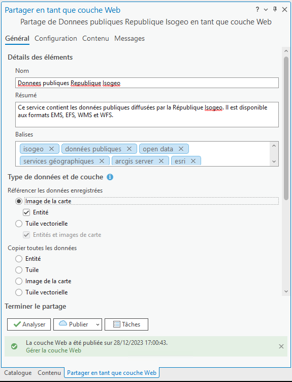 Métadonnées renseignées lors de la publication du service avec ArcGIS Pro