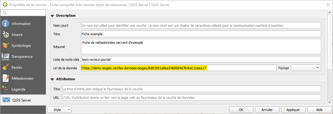 Propriétés de la couche, onglet "QGIS Server"