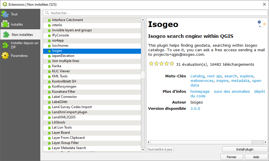 "Installer le plugin Isogeo depuis le gestionnaire d'extensions de QGIS"